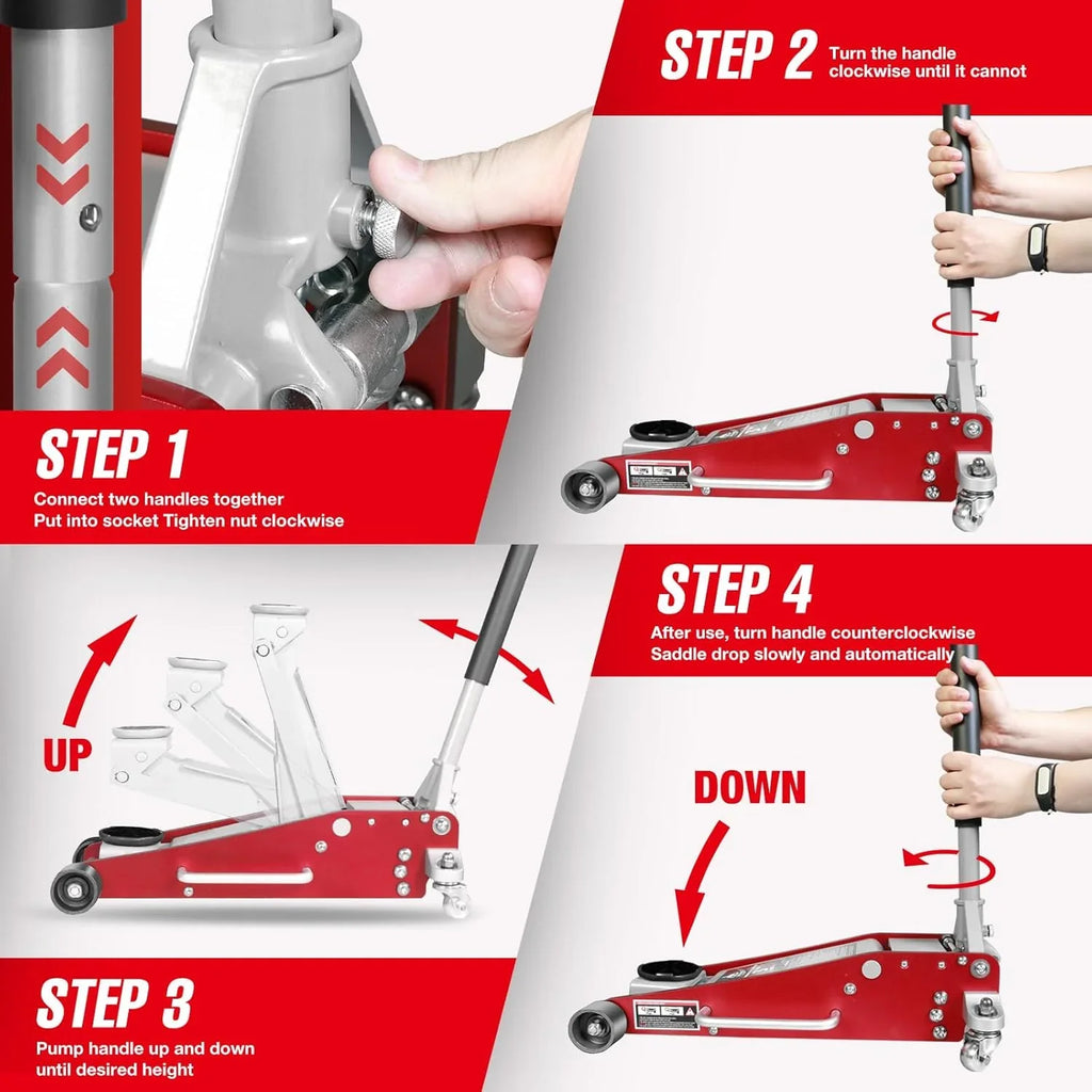 3 Ton Low Profile, Aluminum and Steel Racing Floor Jack with Dual Pistons Quick Lift Pump for Sport Utility Vehicle, Lifting Range 3-15/16" min to 18-5/16" max, Red