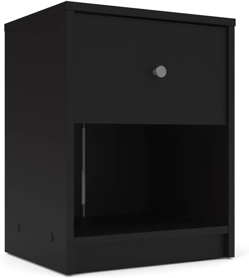 3-Pc Scandinavian Design Engineered Wood Bedroom Furniture Set with 3-Drawer Chest & 6-Drawer Double Dresser & 1-Drawer Nightstand, Pewter Plastic Handles, Smooth Plastic Glides, in Black