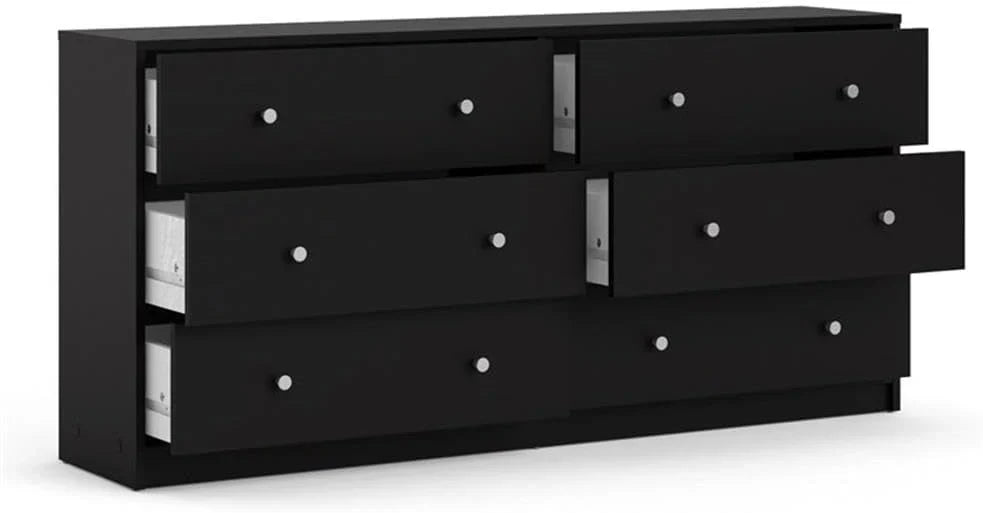 3-Pc Scandinavian Design Engineered Wood Bedroom Furniture Set with 3-Drawer Chest & 6-Drawer Double Dresser & 1-Drawer Nightstand, Pewter Plastic Handles, Smooth Plastic Glides, in Black