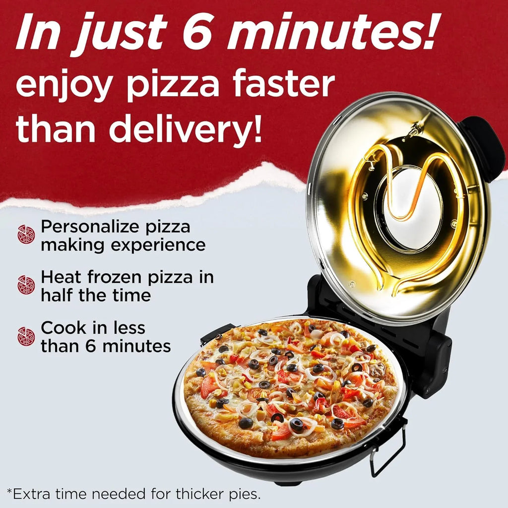 Electric Pizza Oven with Ceramic Stone, Viewing Window, Adjustable Heat Control, Timer and 1200W Baking Power, DIY Homemade Pizzeria, Large 12�� Pie Capacity (Black)