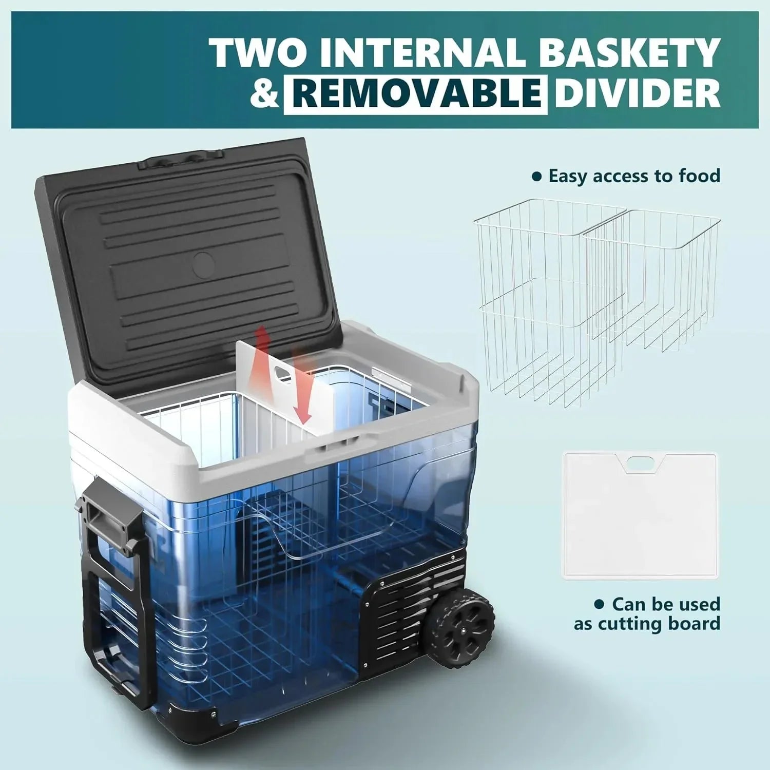 12 Volt Refrigerator, 53QT(50L) Electric Cooler, Portable Freezer 12V/24V DC 110-240V AC, 12V Fridge -4��~68��, 12V Cooler with Wheels & 2 Baskets for Travel, Truck, Boat, Camping